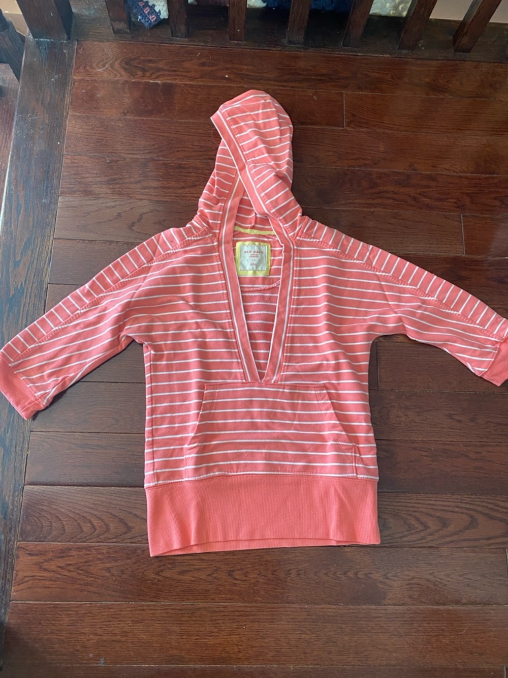 Old Navy Coral and White Hooded Striped Pullover